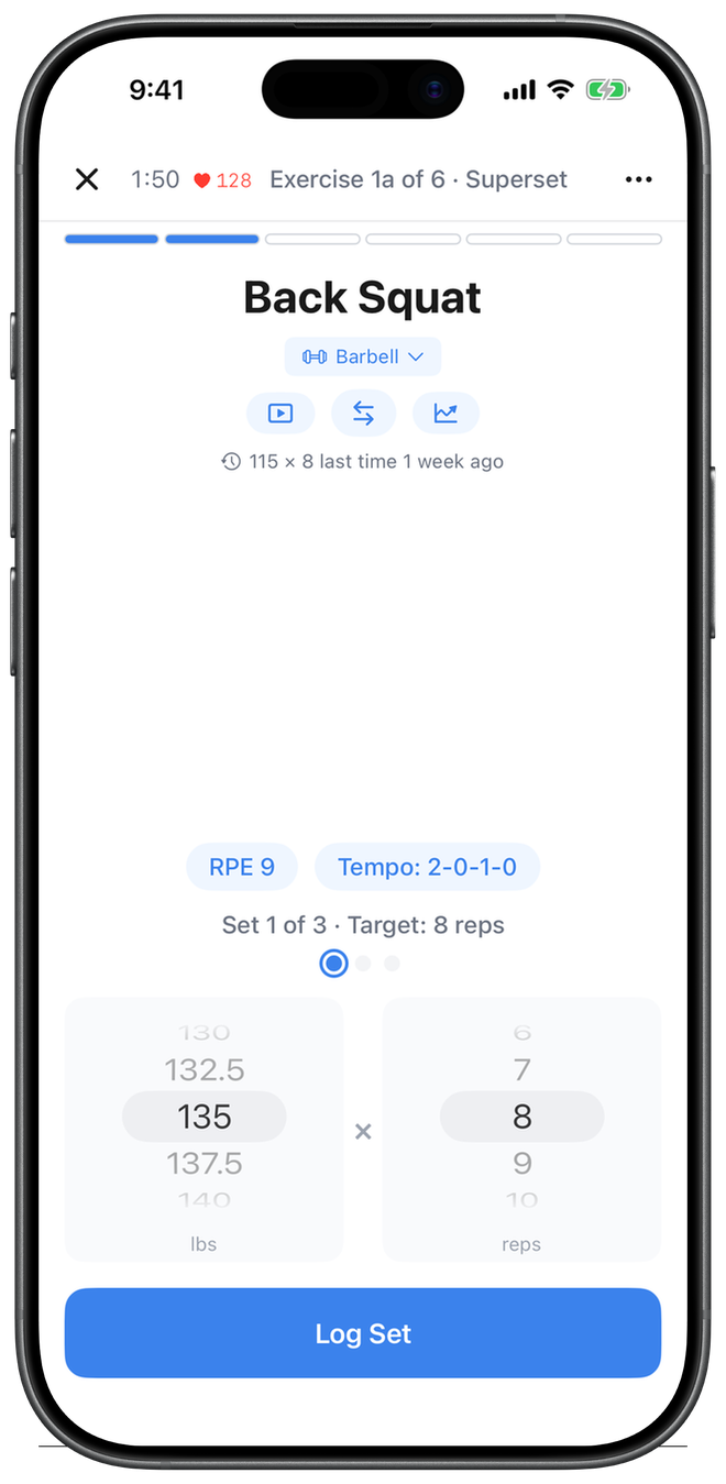 Logging a set mid-workout &mdash; Back Squat
