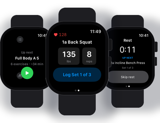 Ike on Apple Watch — today's workout, live set with heart rate, and rest timer