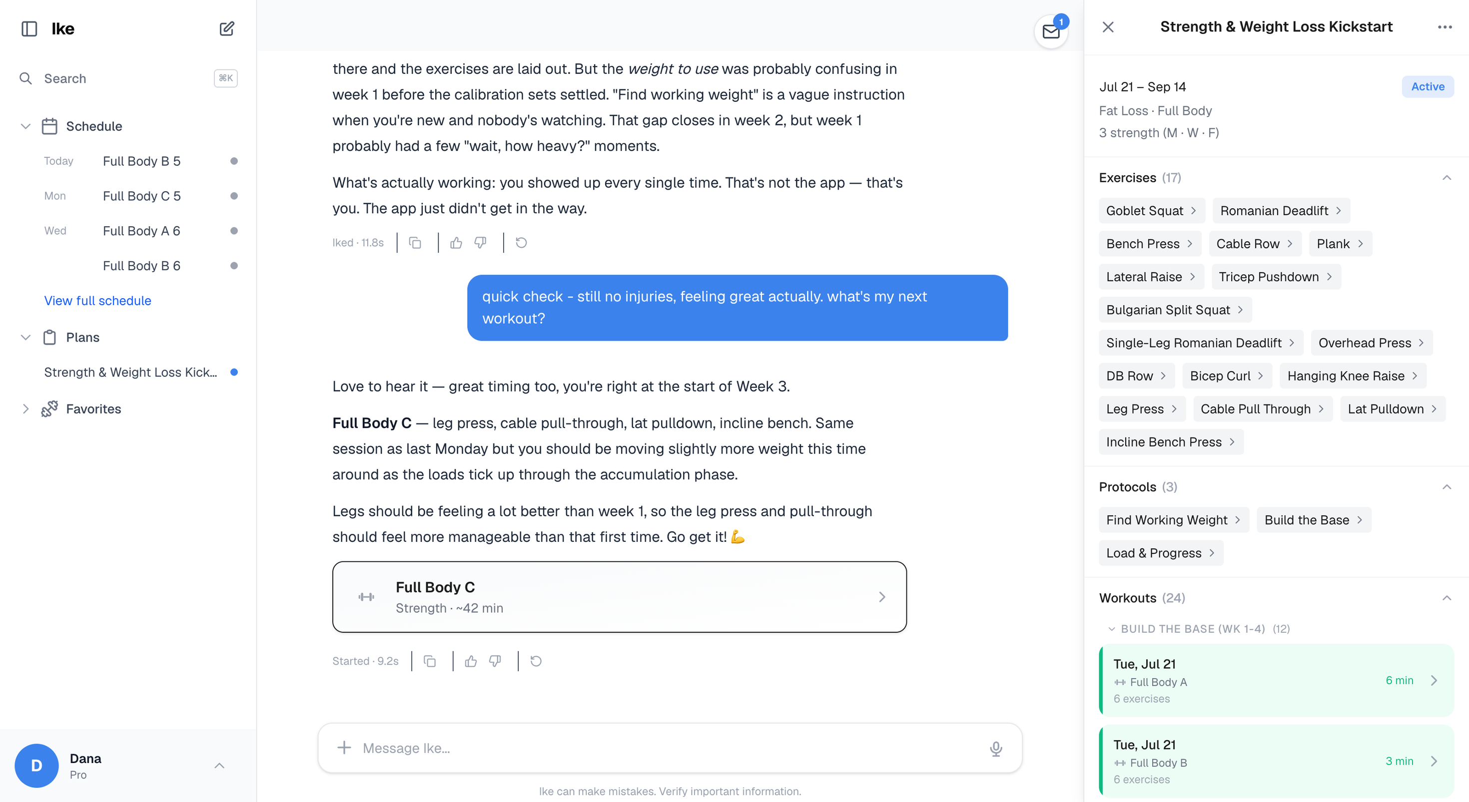 Ike on desktop — sidebar with plans, chat with Ike, and your live training block